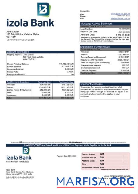 Blank Malta Izola Bank mortgage statement Word and PDF template